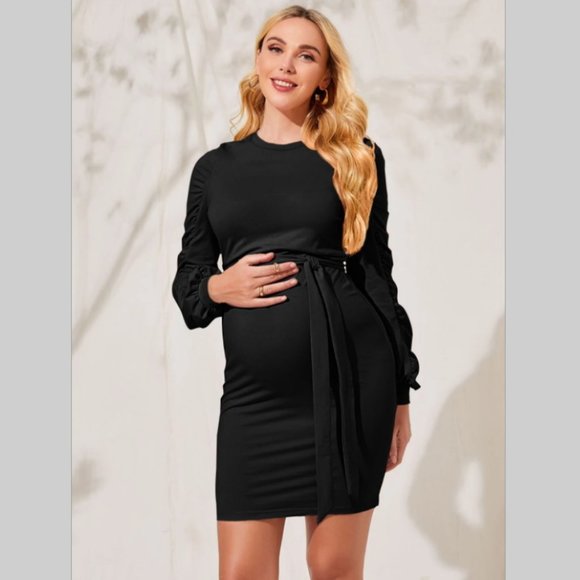 SHEIN Dresses & Skirts - NWT Maternity dress black elegant occasional belted long sleeve above knee